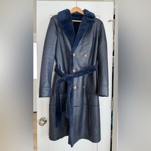 Avec Les Filles Reversible Faux Leather / Fur Navy Coat